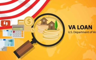 Illustration featuring a magnifying glass over stacked coins and houses, with the U.S. flag in the background, symbolizing VA loans and veteran benefits.