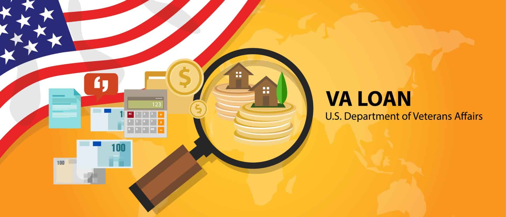 how-do-va-loans-work Illustration featuring a magnifying glass over stacked coins and houses, with the U.S. flag in the background, symbolizing VA loans and veteran benefits.