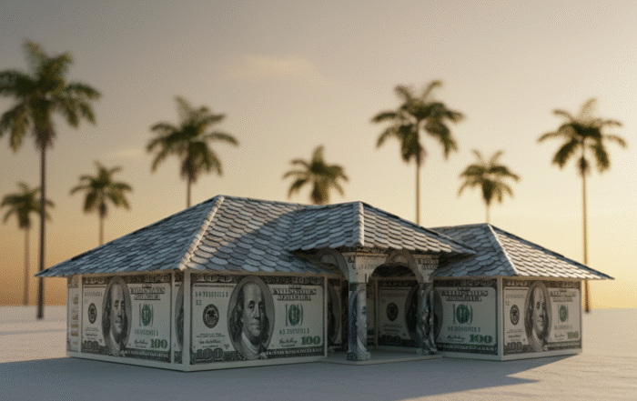 house made of money on beach with palm trees sell mortgage note florida concept